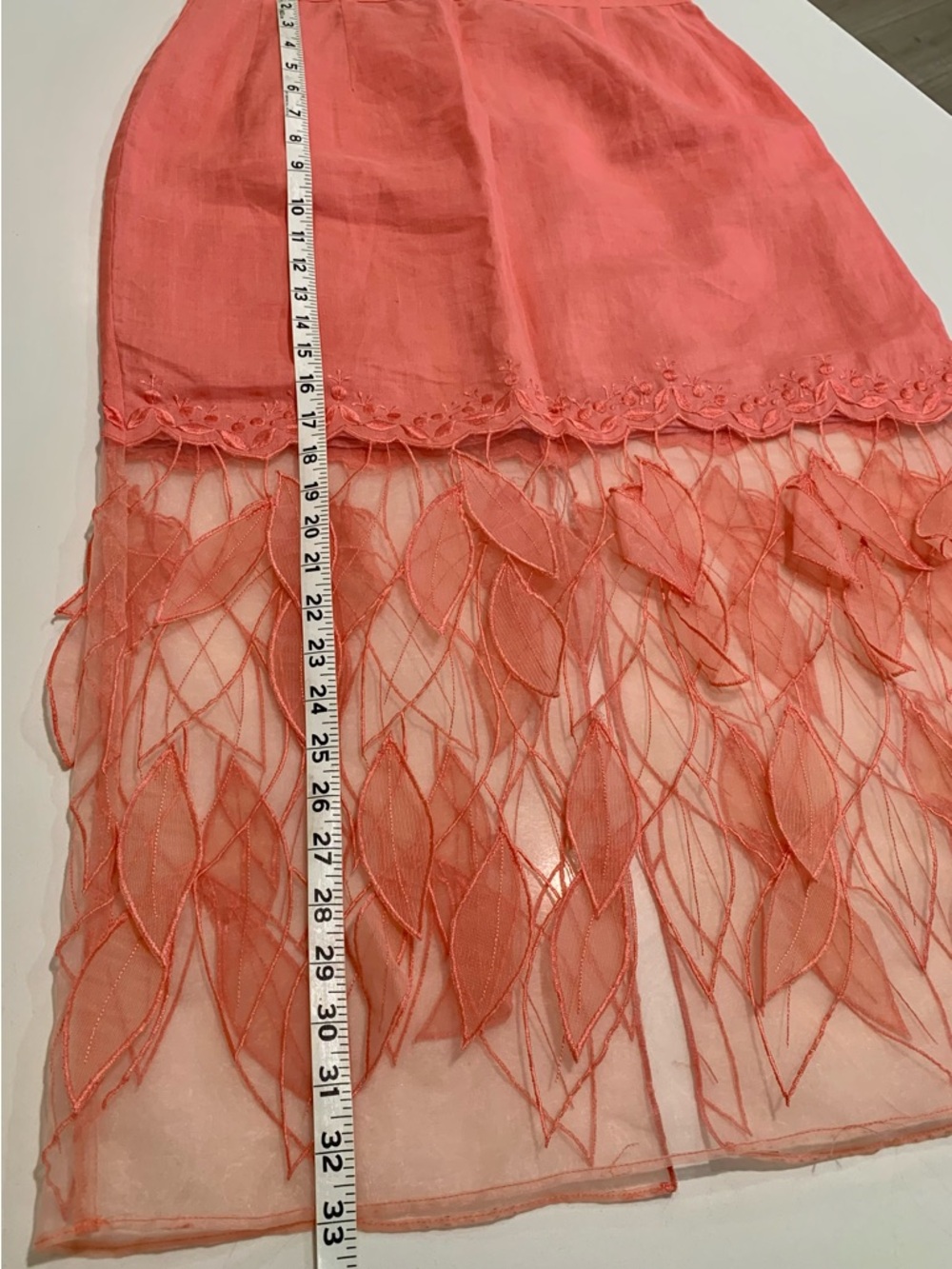 Coral Embroidered Leaf Lace Hem Midi Skirt, 100% linen - Picture 5 of 7